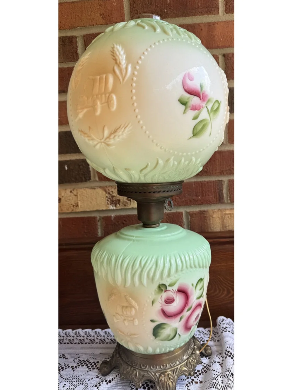 Vintage Hand-Painted Glass Hurricane Lamp with Floral and Wagon Motifs